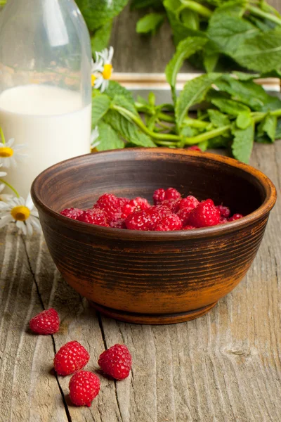 Verse rijpe frambozen en melk — Stockfoto