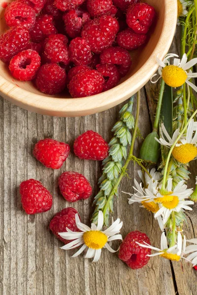 Fresh ripe raspberries and camomile flowers — Stock Photo, Image