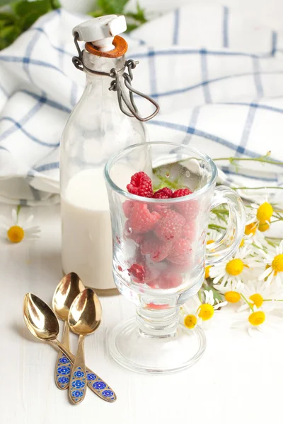 Fresh ripe raspberries and milk — Stock Photo, Image