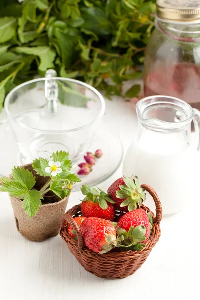 Basket of fresh strawberries and milk — Stock Photo, Image