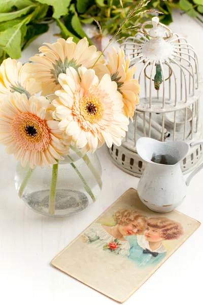 Bunch of gerbera flower with old vintage cage — Stock Photo, Image