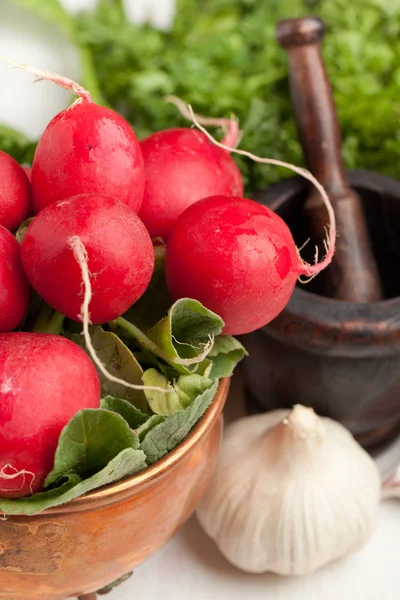 Fresh radishes with garlic — Stock Photo, Image