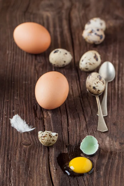 Broken quail egg with the leaked yolk and chicken eggs — Stock Photo, Image