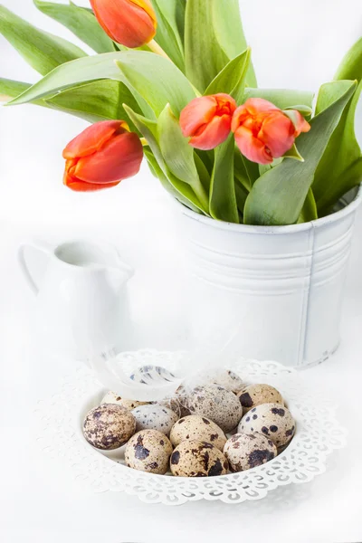 Ορτύκια αυγά πάνω από το λευκό με λουλούδια — Φωτογραφία Αρχείου