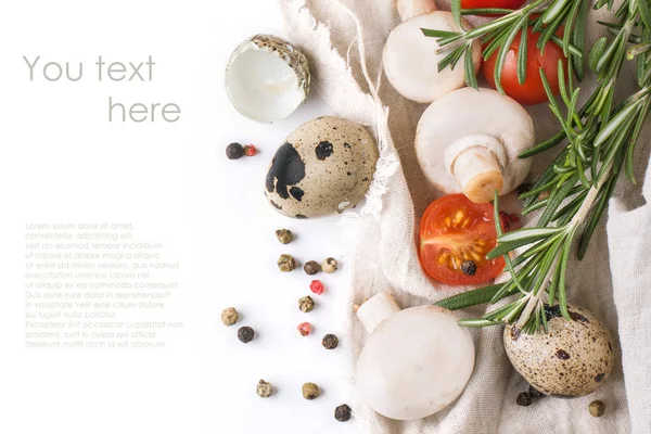 Quail eggs, mushrooms, tomatoes and rosemary — Stock Photo, Image