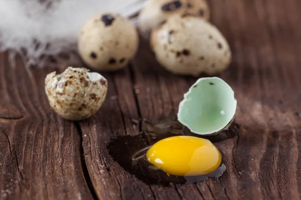 Œuf de caille cassé avec le jaune d'oeuf qui fuit — Photo