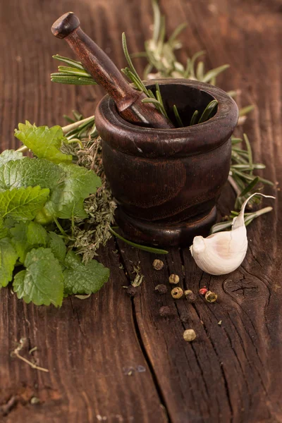 Garlic and herbs in mortar — Stock Photo, Image