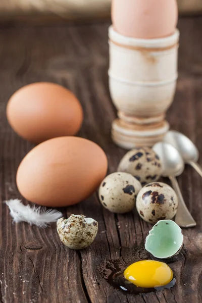 Broken quail egg and chicken one with the leaked yolk — Stock Photo, Image