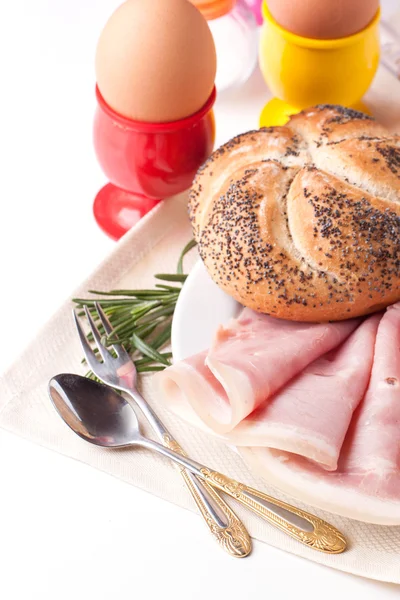 Boiled eggs, bread and ham — Stock Photo, Image