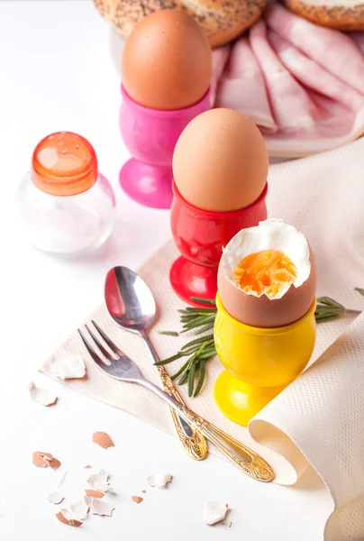 Boiled eggs, salt, bread and ham — Stock Photo, Image