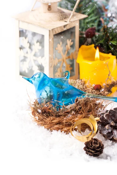 Vánoční přání s modrým ptákem — Stock fotografie