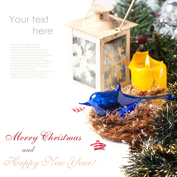 Julkort med blå fågel — Stockfoto