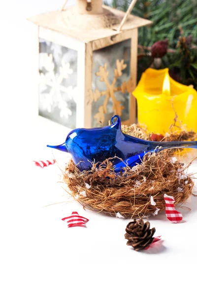 Рождественская открытка с голубой птицей в гнезде — стоковое фото