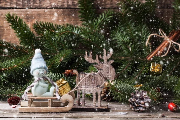 Christmas card with snowman and deer — Zdjęcie stockowe