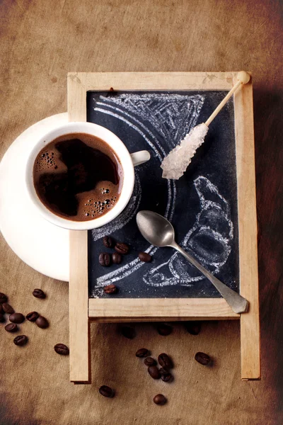 Chalkboard with coffee and sugar — Stock Photo, Image