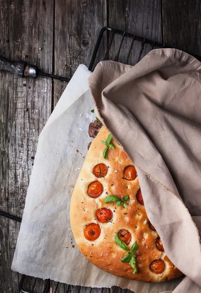 Italian focaccia bread with tomatoes — Stock Photo, Image