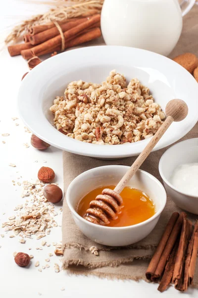 Muesli con leche y miel —  Fotos de Stock