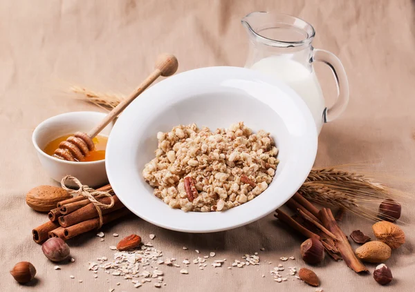 Müsli mit Milch und Honig — Stockfoto