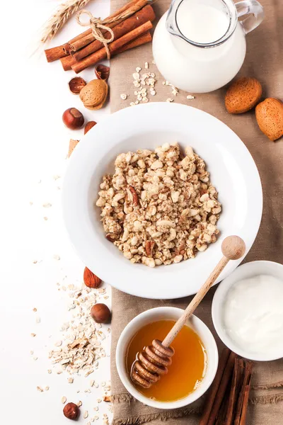 Muesli com leite e mel — Fotografia de Stock