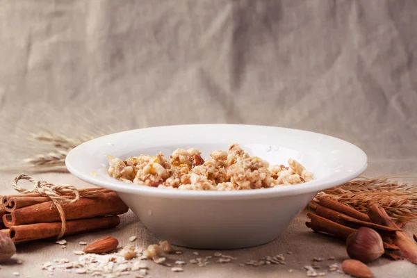 Müsli s mlékem a medem — Stock fotografie