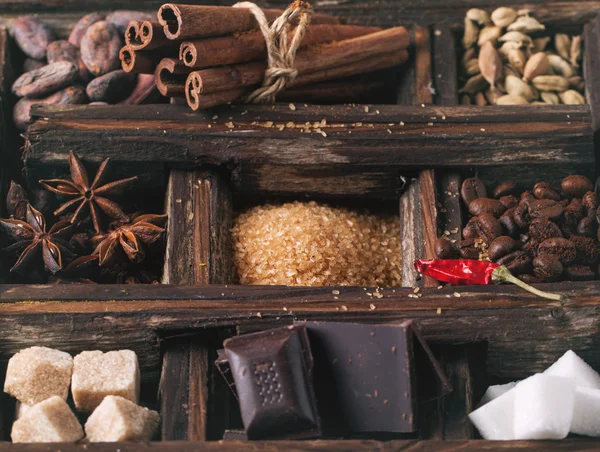 Coffe, chocolate, sugar and spices — Stock Photo, Image