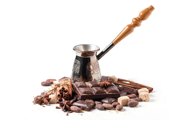 stock image Copper cezve with dark chocolate and cocoa beans