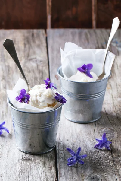 Ice cream with sugared violets — Stock Photo, Image