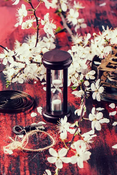 Reloj de arena vintage con rama de flor — Foto de Stock