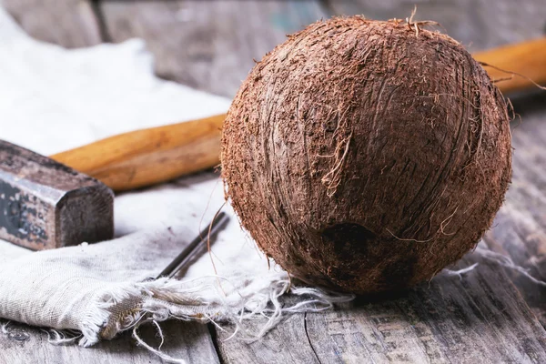 Coco entero con martillo — Foto de Stock
