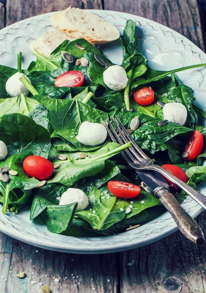 Salada de espinafre, tomates e mussarela — Fotografia de Stock