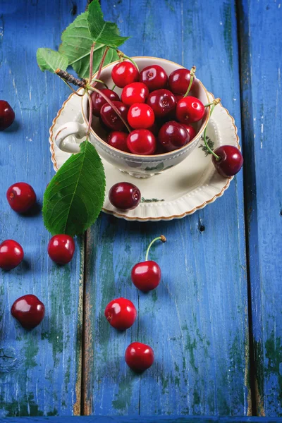 Fresh cherries in vintage tea cup — Stock Photo, Image