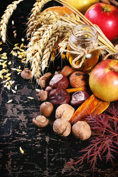 Honey, nuts and apples — Stock Photo, Image