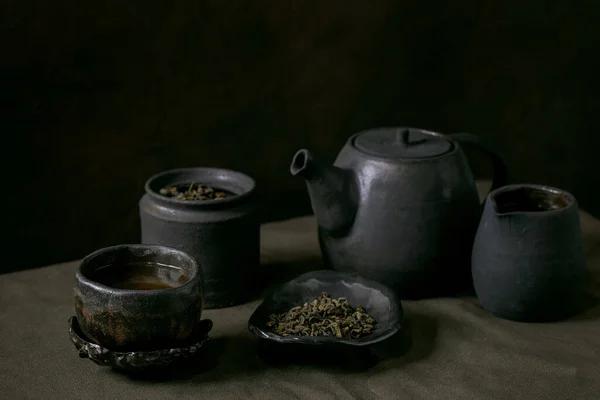 Set Craft Handmade Black Ceramic Teapot Kettle Jug Jar Wabi — Stock Photo, Image