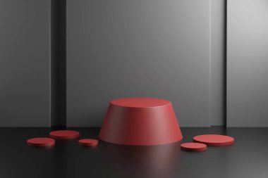 Geometrik trapezoid podyum ve koyu arkaplan üzerinde ürün sunumu olan soyut sahnenin bir kopyası. Soyut arkaplan. Reklam amaçlı ürünleri gösteren bir sahne. 3d hazırlayıcı