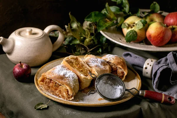 Homemade Sliced Traditional Apple Strudel Pie Spotted Ceramic Plate Served — Stock Photo, Image