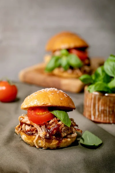 Conjunto Mini Hambúrgueres Caseiros Com Ensopado Carne Tomate Manjericão Sobre — Fotografia de Stock