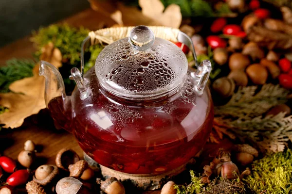 Szklany Garnek Gorącej Ziołowej Herbaty Róży Jesiennym Tle Lasu Atmosferycznego — Zdjęcie stockowe