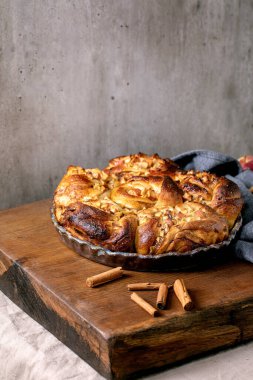 Elmalı tarçınlı çörekler yuvarlak pişirme tepsisinde, bahçe elmaları ve ahşap masada tarçın çubuklarıyla duruyor. Geleneksel ev fırını. Boşluğu kopyala