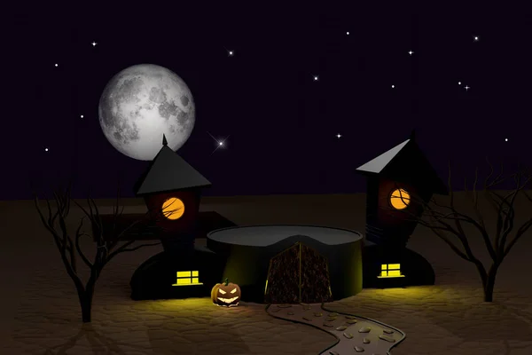 Halloween Weergave Van Leeg Podium Met Donker Kasteel Lichtgevende Halloween — Stockfoto