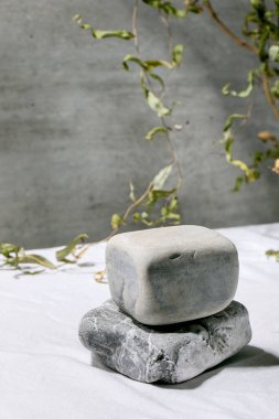Podyum olarak geometrik küp taşlara sahip soyut doğal sahne ya da beyaz tekstil sunumu ya da dal dekorlu sergiler için kaidesi. Reklam için herhangi bir ürün gösterilecek sahne.