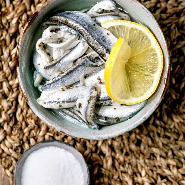 Bowl Pickled Anchovies Sardines Fillet Oil Served Lemon Olive Oil — Stock Photo, Image