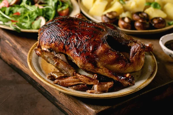 Holiday Table Classic Dishes Roasted Glazed Duck Apples Boiled Potatoes — Stock Photo, Image