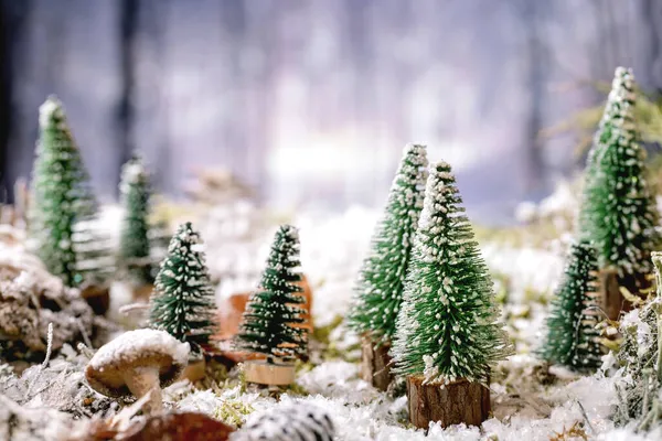 Natal Cartão Saudação Ano Novo Com Grupo Árvores Natal Decorativas — Fotografia de Stock