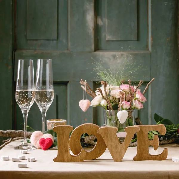 Valentines Day Wedding Romantic Table Setting Wooden Letters Love Needle — Stock Photo, Image