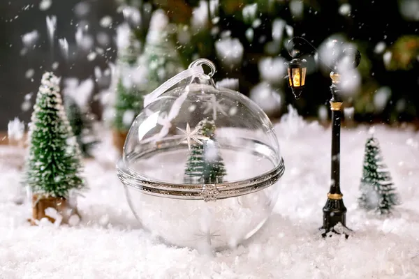 Christmas New Year Greeting Card Glass Transparent Ball Fir Tree — Stock Photo, Image