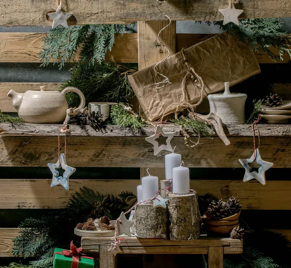 Moda Natal Estilo Rústico Decoração Interiores Casa Com Madeira Artesanal — Fotografia de Stock