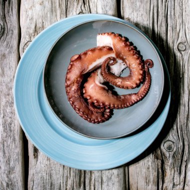 Ahtapot dokunaçlarını eski gri ahşap arka planda mavi seramik tabakta pişirdim. Üst manzara, düz yatış. Kare resim