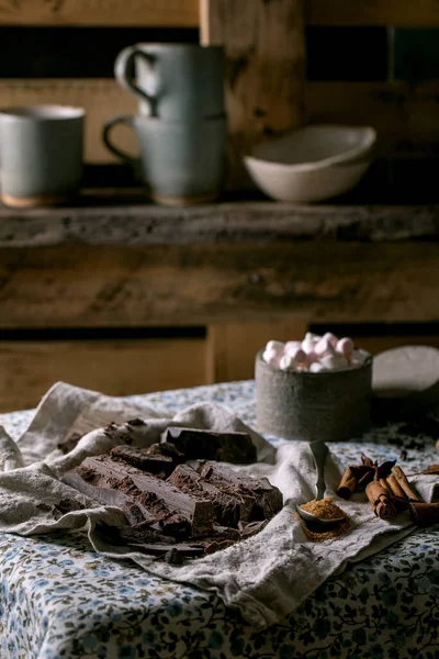 Ingredients Make Hot Chocolate Winter Drink Chopped Dark Chocolate Species — Stock Photo, Image
