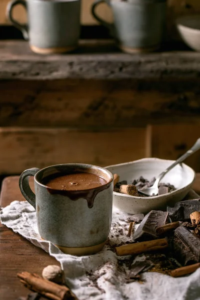 Cup Hot Spicy Homemade Chocolate Winter Drink Chopped Dark Chocolate — Stock Photo, Image