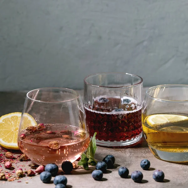 Different Cocktail Glasses Sparkling Colorful Drinks Pink Rose Champagne Cider — Stockfoto